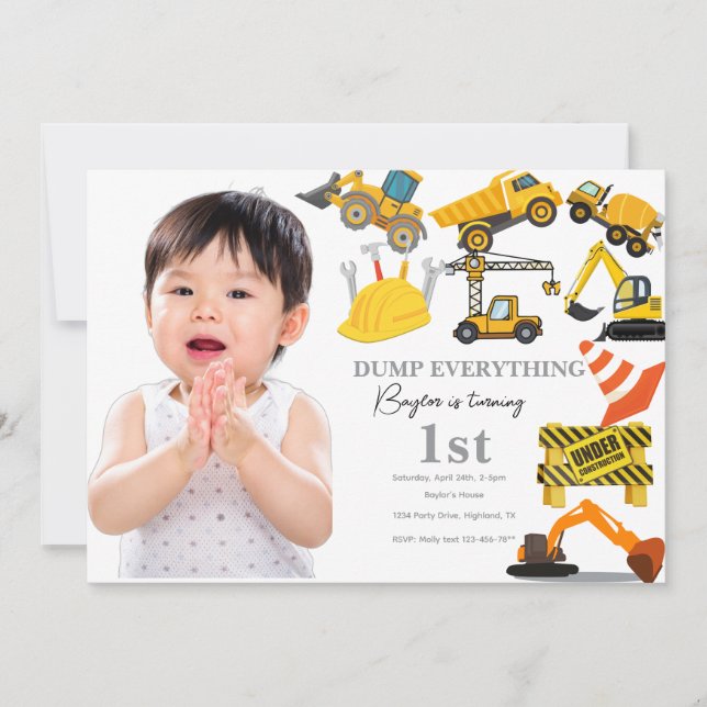 Construction 1st Birthday Invitation | Truck Einladung (Vorderseite)