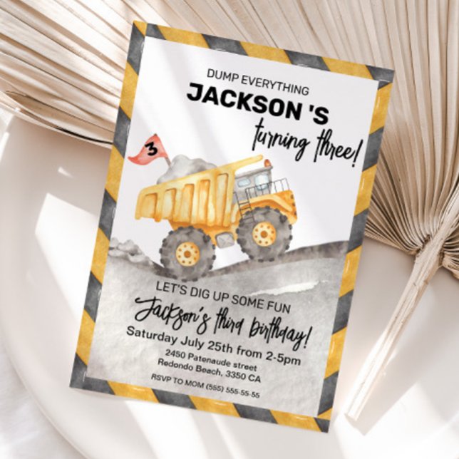 Construction 3rd birthay Dump Truck party Einladung (Construction Dump truck 3rd birthday invitation)