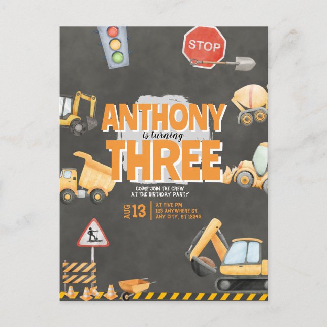 Construction Birthday Invitation Postkarte (Vorderseite)