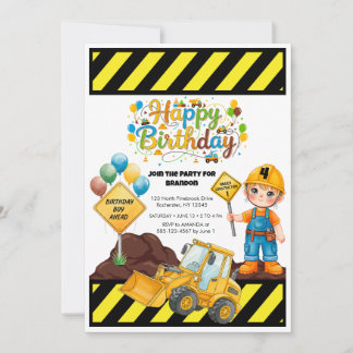 Construction Birthday Theme Party Invitation Einladung