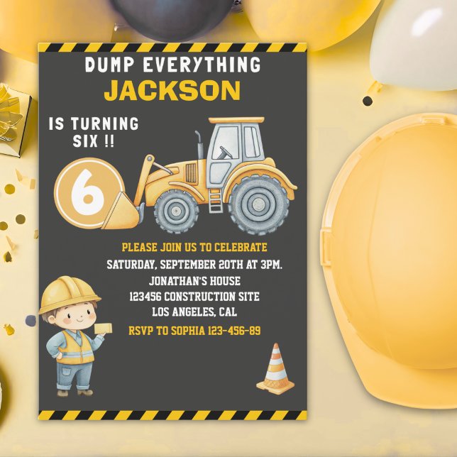 Construction Birthday Turning Six Boy Einladung (Von Creator hochgeladen)