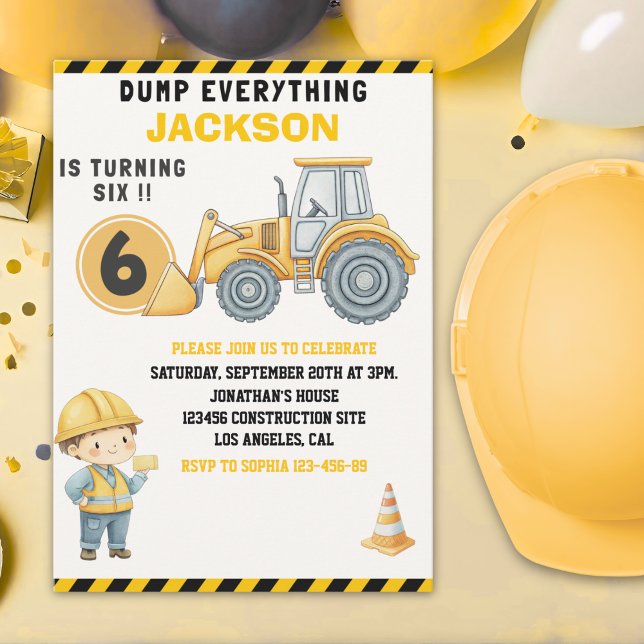 Construction Birthday Turning Six Boy Yellow Einladung (Von Creator hochgeladen)