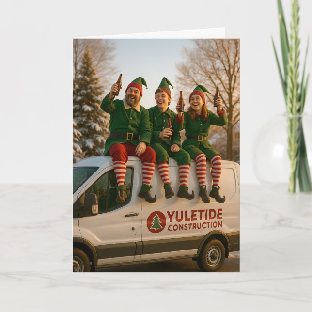 Construction Christmas card Elves beers Karte (Vorderseite)