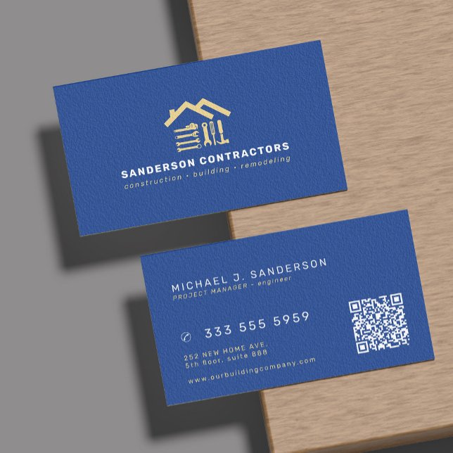 Construction company modern royal blue gold QR  Visitenkarte (Von Creator hochgeladen)