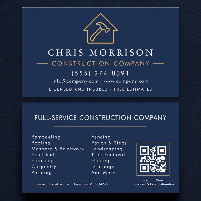 Construction Company QR Code Navy Blue Gold  Visitenkarte (Von Creator hochgeladen)