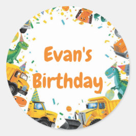 Construction Dinosaur Birthday Party Runder Aufkleber
