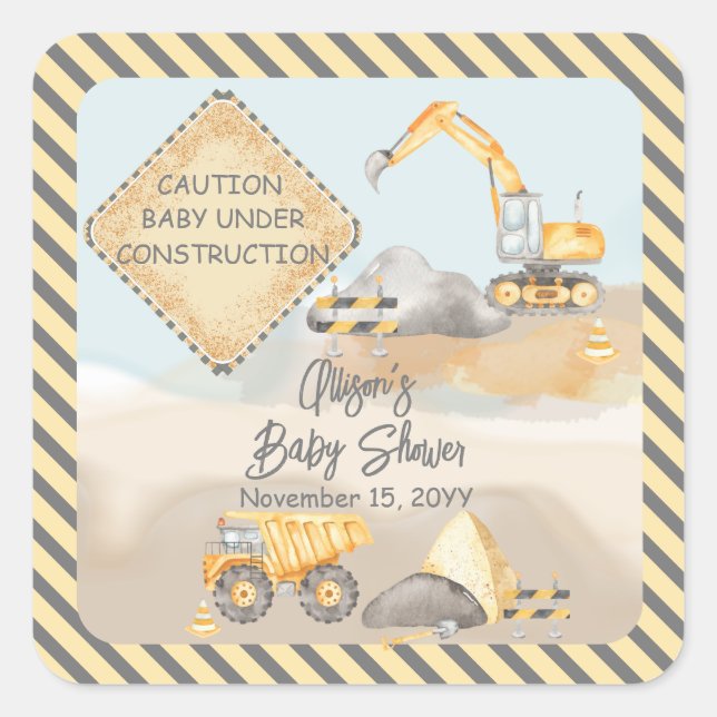 Construction Dump Truck Boy Baby Shower Quadratischer Aufkleber (Vorderseite)