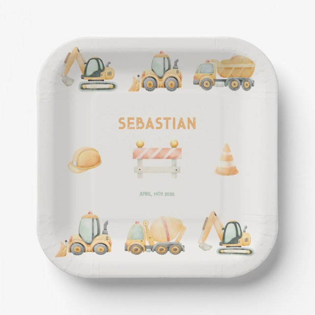 Construction Dump Truck Party Boy First Birthday Pappteller (Vorderseite)