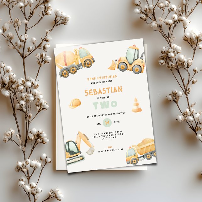 Construction Dump Truck Theme 2nd Birthday Einladung (Construction Dump Truck Party Boys Birthday Invitation)