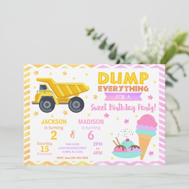Construction & Ice Cream Joint Birthday Invitation Einladung (Stehend Vorderseite)