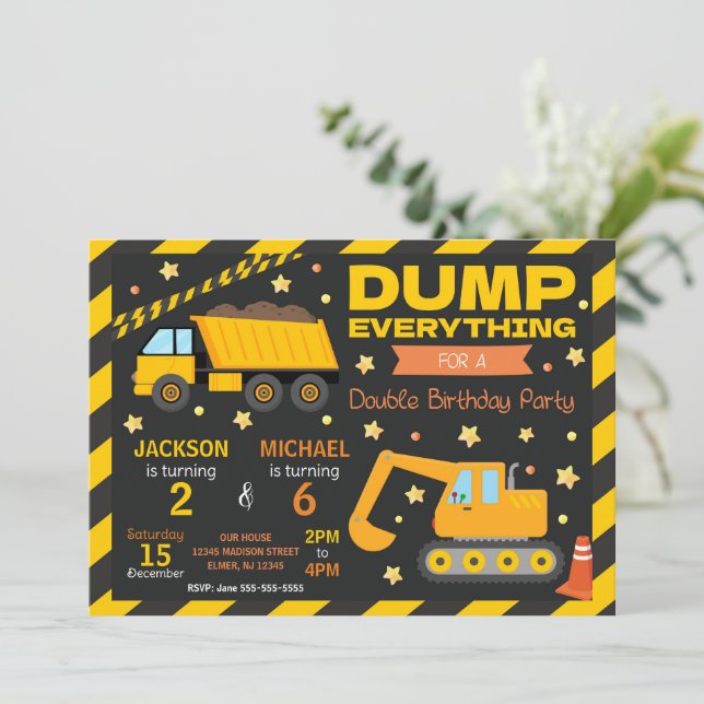 Construction Joint Birthday Invitation Siblings Einladung (Stehend Vorderseite)