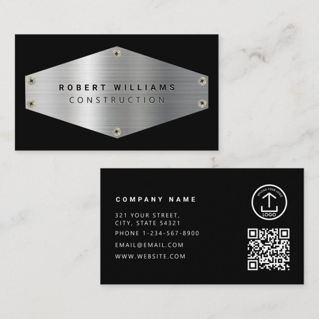Construction Metal QR Code Black Metallic Silver Visitenkarte (Vorne/Hinten)