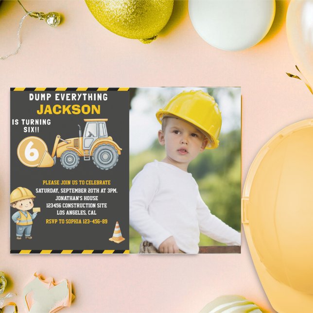 Construction Photo Birthday Invitation Turning 6 Einladung (Von Creator hochgeladen)