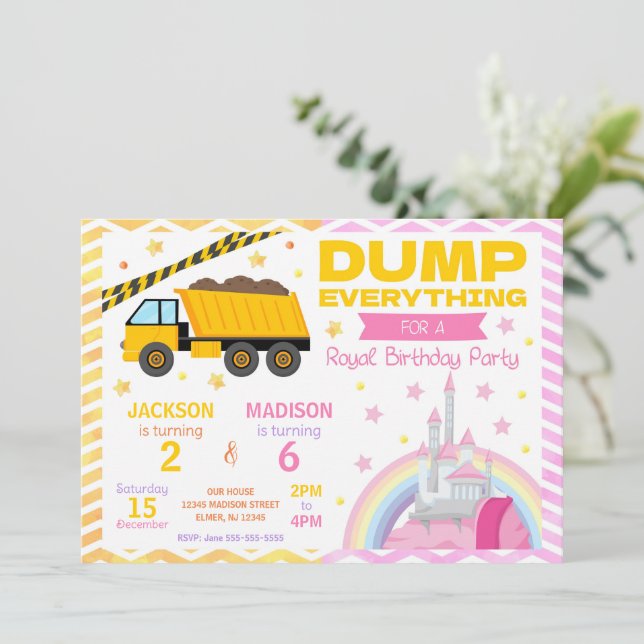 Construction & Princess Joint Birthday Invitation Einladung (Stehend Vorderseite)