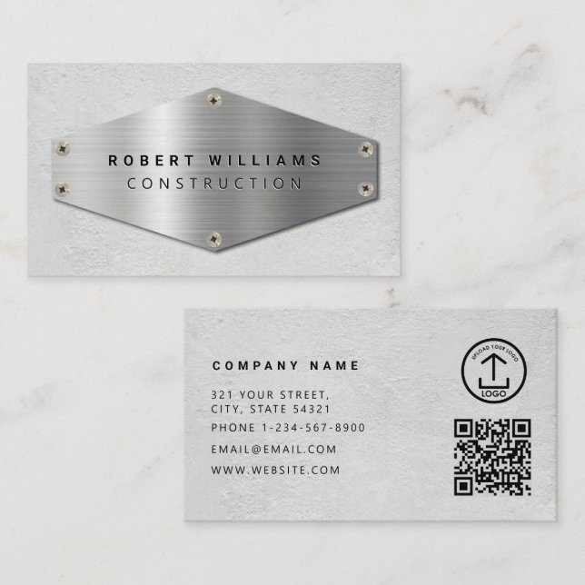 Construction QR Code Metallic Silver Concrete Visitenkarte (Vorne/Hinten)
