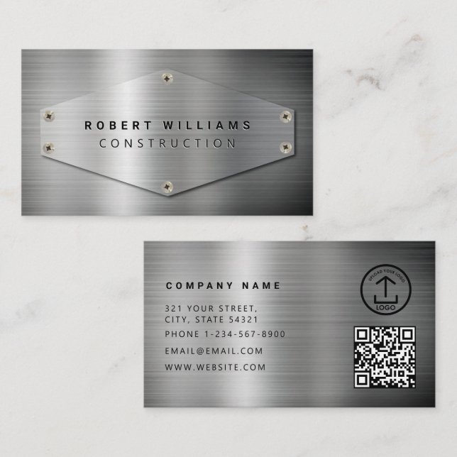 Construction QR Code Metallic Silver Metal Visitenkarte (Vorne/Hinten)