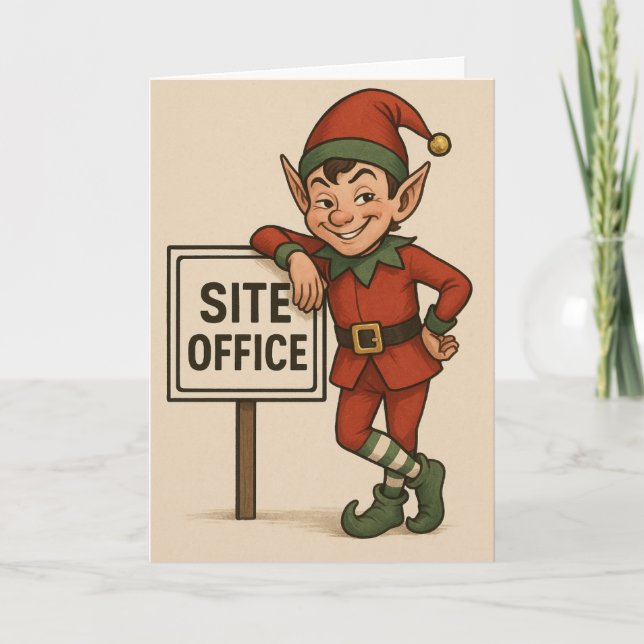 Construction theme Christmas card Elf leaning  Karte (Vorderseite)