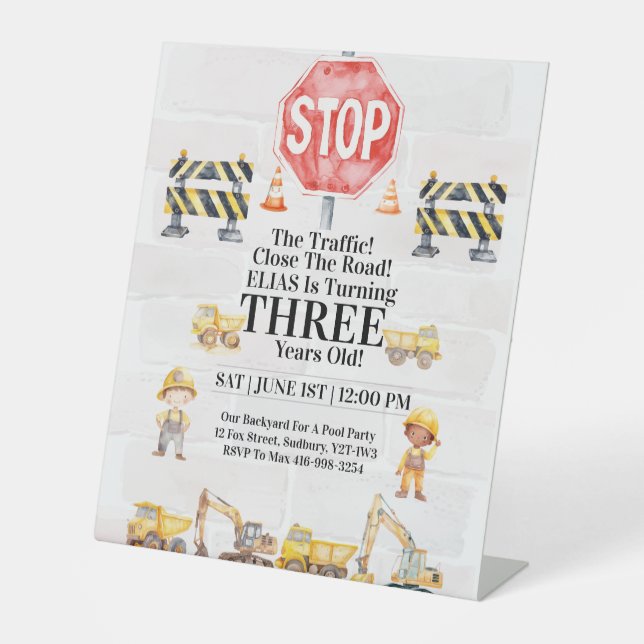 Construction Themed Children's Birthday Invitation Sockelschild (Vorderseite)