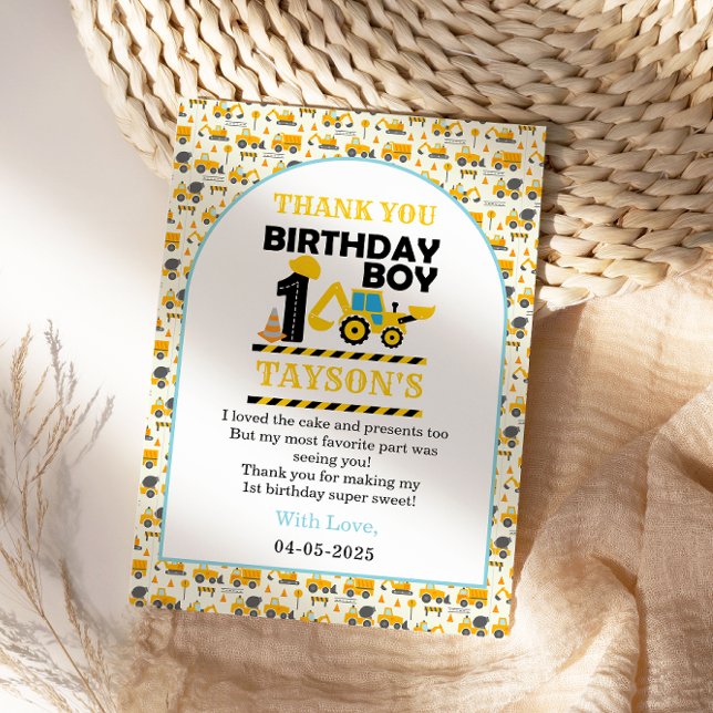 Construction Truck 1st Birthday | Kids Party Dankeskarte (Von Creator hochgeladen)