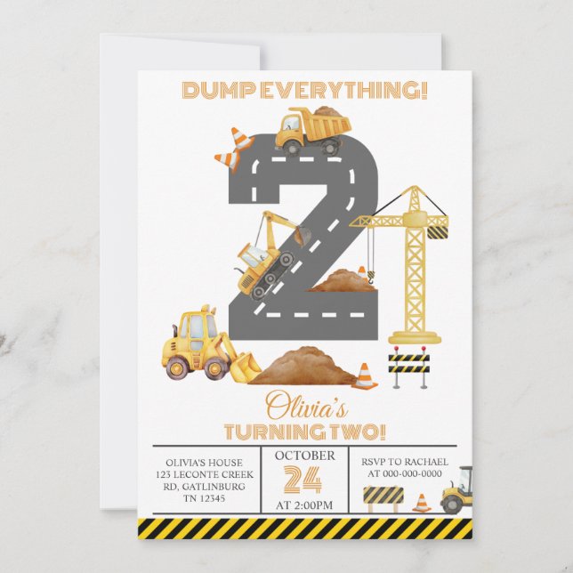 Construction Truck 2nd Birthday Invitation Einladung (Vorderseite)