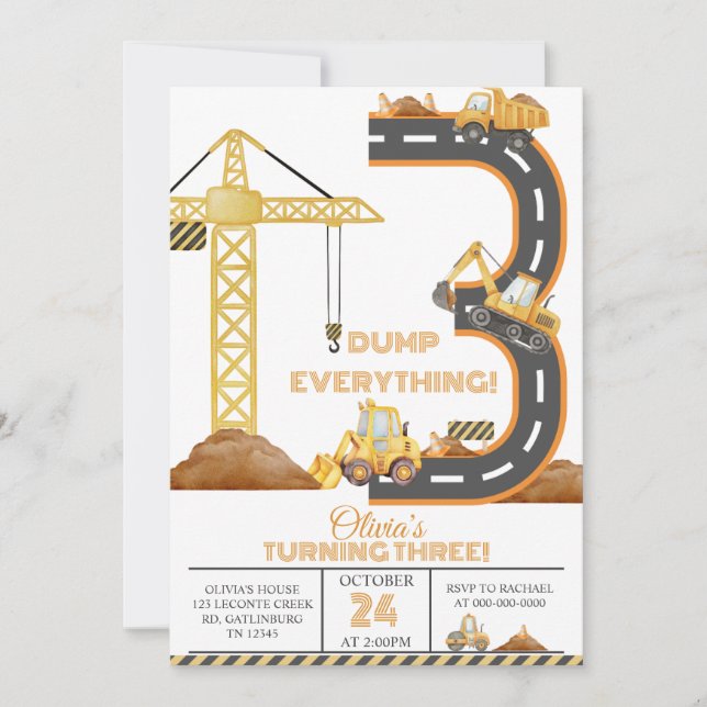 Construction Truck 3rd Birthday Invitation Einladung (Vorderseite)