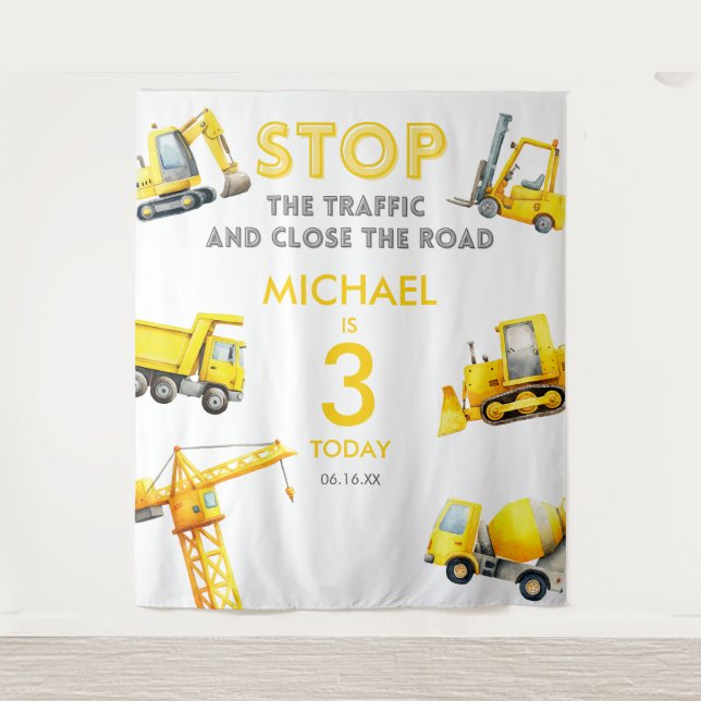 Construction Trucks Birthday Photo backdrop Wandteppich (Vorderseite)