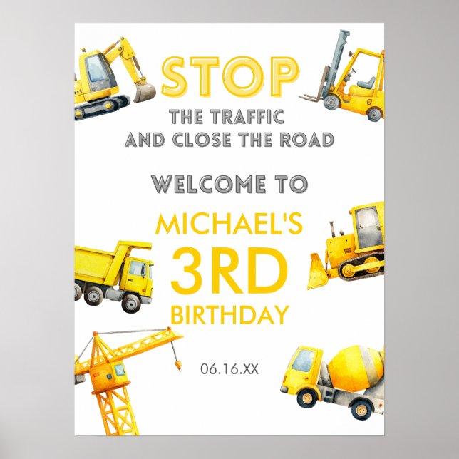 Construction Trucks Birthday Welcome Sign Poster (Vorne)