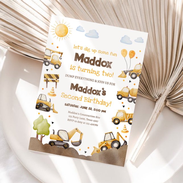 Construction Trucks Boy 2nd Second Birthday Einladung (Von Creator hochgeladen)