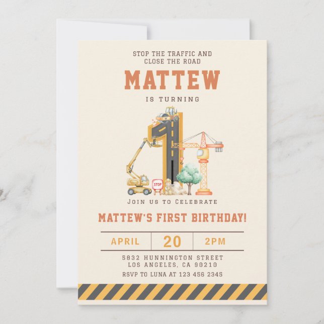 Construction Vehicles 1st Birthday Invitation Einladung (Vorderseite)