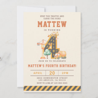 Construction Vehicles 4th Birthday Invitation Einladung