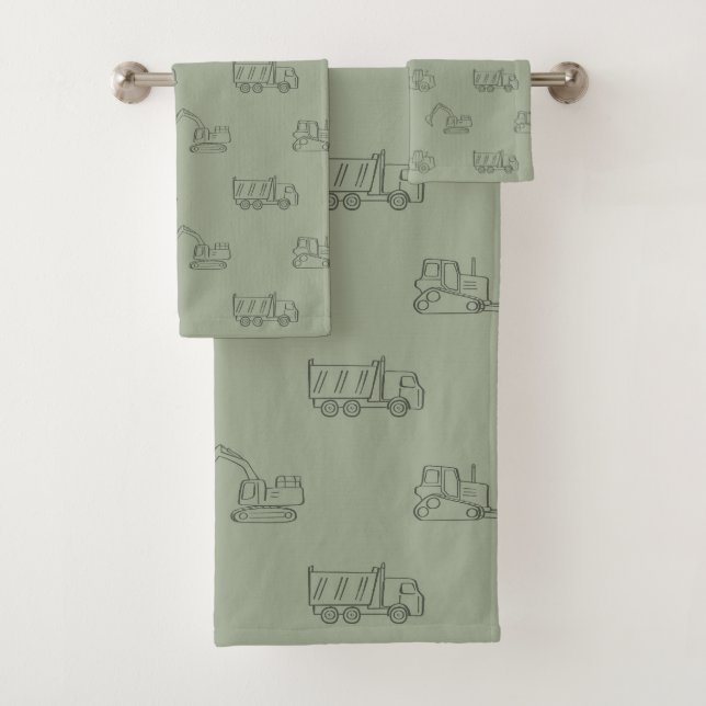 Construction Vehicles Builder Boy Truck Sage Green Badhandtuch Set (Insitu)