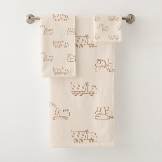 Construction Vehicles Builder Cute Boy Truck Beige Badhandtuch Set (Insitu)