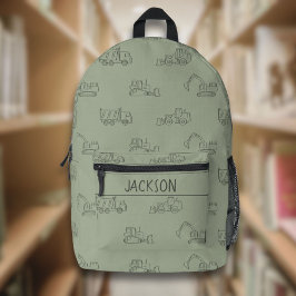 Construction Vehicles School Boys Name Sage Green Bedruckter Rucksack