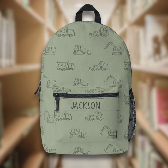 Construction Vehicles School Boys Name Sage Green Bedruckter Rucksack (Von Creator hochgeladen)