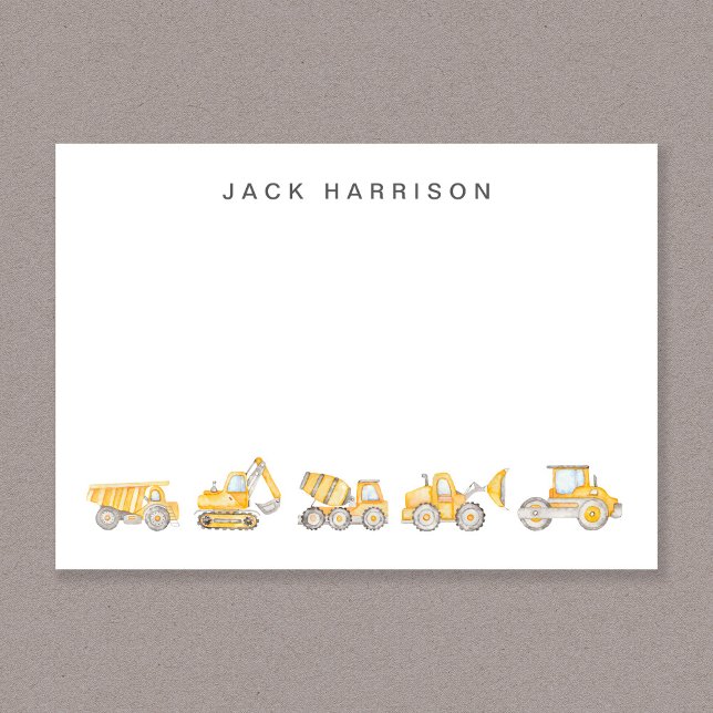 Construction Vehicles Watercolor Boys Monogrammed Mitteilungskarte (Construction Vehicles Watercolor Boys Monogrammed Note Card)