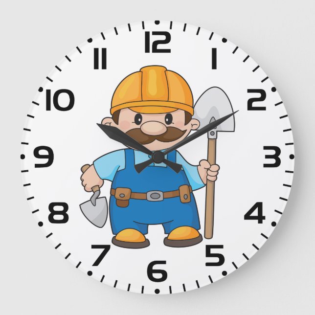 Construction Worker Builder with Shovel Große Wanduhr (Vorderseite)