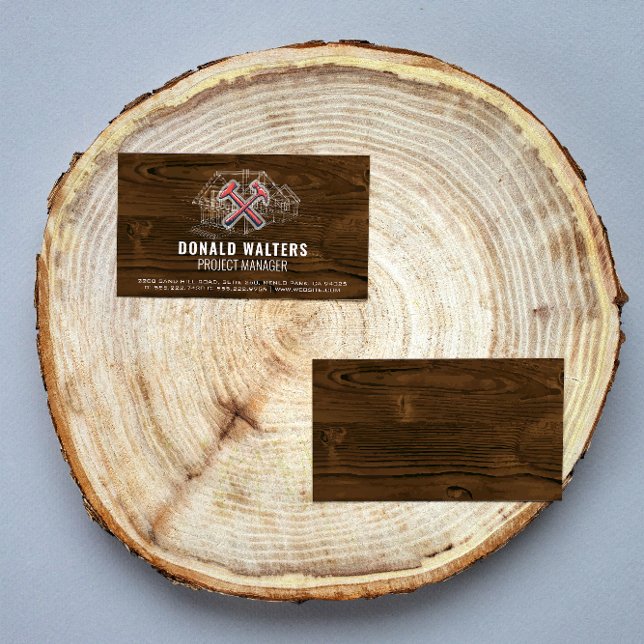 Construction Worker | Wood Background | Blueprints Visitenkarte (Von Creator hochgeladen)