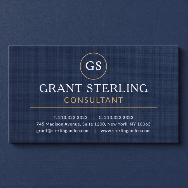 Consultant Navy Blue Gold Luxury Linen Visitenkarte (Von Creator hochgeladen)