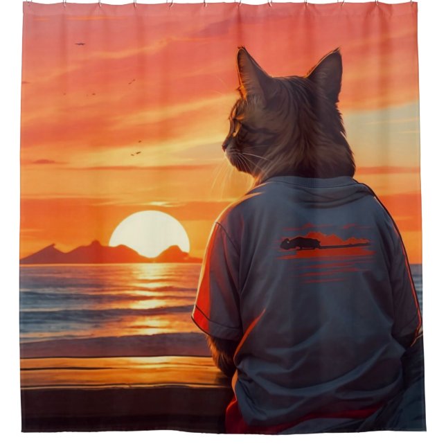 "Contemplative Cat at Sunset: Whimsical Beach Art" Duschvorhang (Vorderseite)