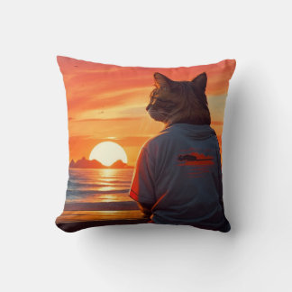 "Contemplative Cat at Sunset: Whimsical Beach Art" Kissen