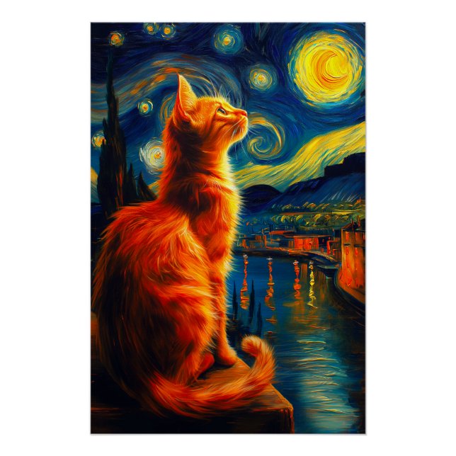 Contemplative Ginger Cat | Starry Night Sky Poster (Vorderseite)