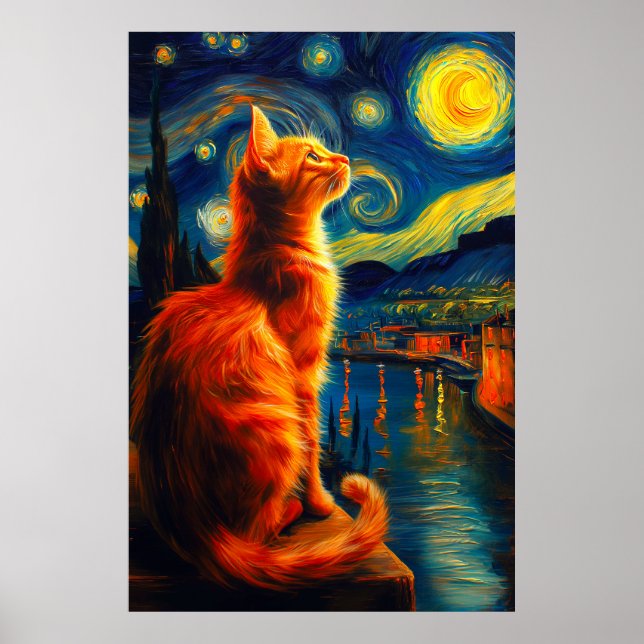 Contemplative Ginger Cat | Starry Night Sky Poster (Vorne)