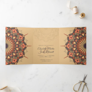 Contemporary Brown Peach Mandala Wedding Dreifach Gefaltete Einladung