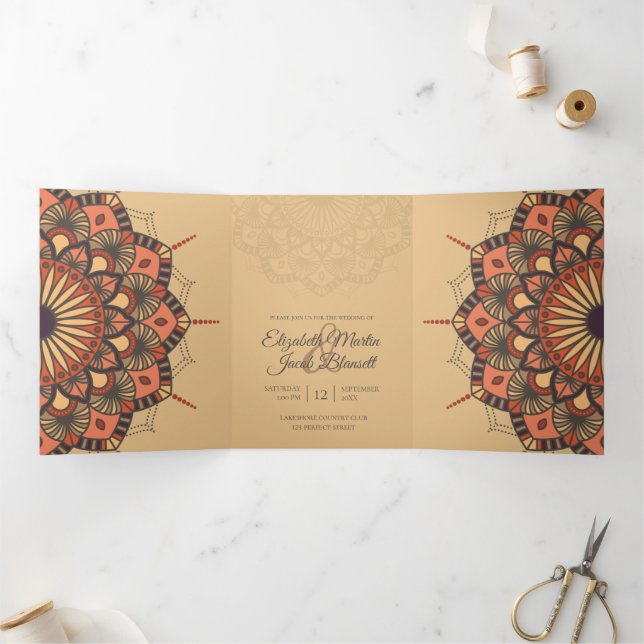 Contemporary Brown Peach Mandala Wedding Dreifach Gefaltete Einladung (Innenseite)