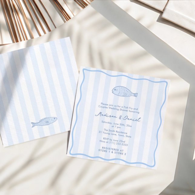 Contemporary Doodle Fish Fry Engagement Party Einladung (Trendy hand-drawn blue and white fish fry couples wedding shower invitation)