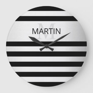 Contemporary Faux Silver Ombre Stripes & Black Große Wanduhr