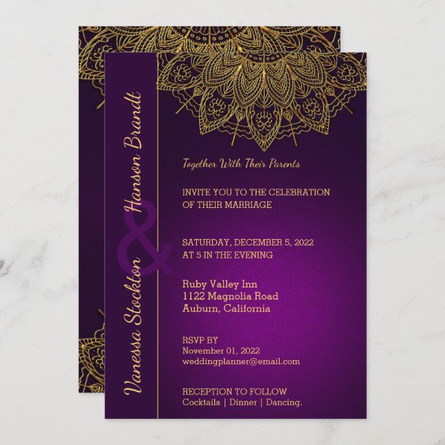 Contemporary Gold Mandala Wedding Einladung (Vorne/Hinten)