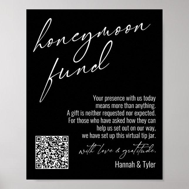 Contemporary Honeymoon Fund QR Code Black Sign Poster (Vorne)