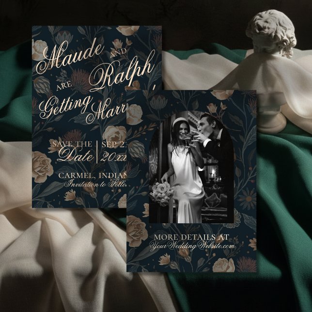 Contemporary Modern Photo Black Floral Wedding Save The Date (Announce your celebration with timeless elegance using this Contemporary Black Floral Save the Date!)