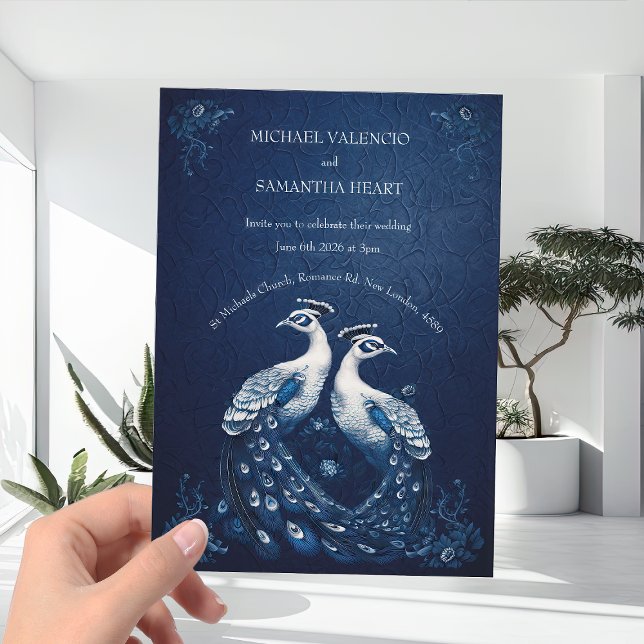 Contemporary White Peacocks on Navy Blue Wedding  Einladung (Von Creator hochgeladen)